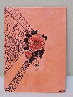 Hand-Painted Floral & Spiderweb Canvas - Coral Pink